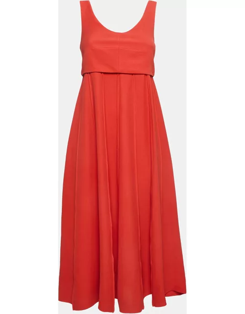 Hermes Red Pleated Silk Sleeveless Midi Dress