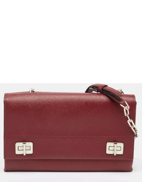 Prada Dark Red Saffiano Cuir Leather Double Shoulder Bag