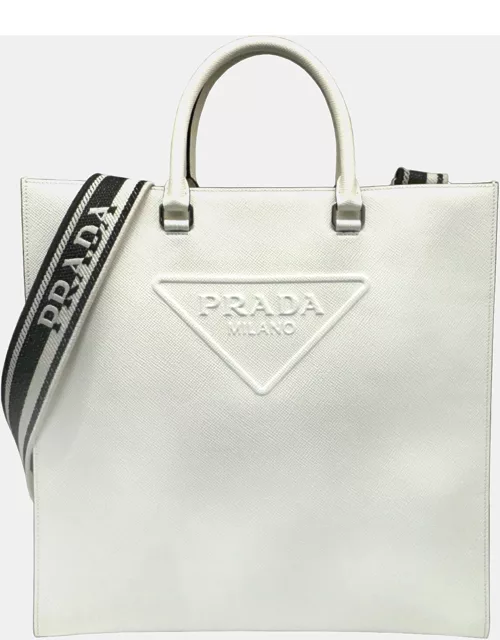 Prada Ivory Leather Logo Drill Tote Bag