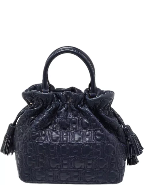 CH Carolina Herrera Blue Monogram Embossed Leather String Bucket Bag
