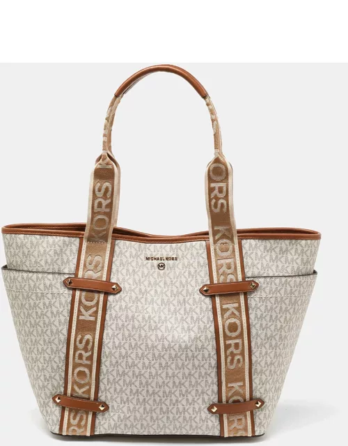Michael Kors Off White /Tan Signature Coated Canvas and Leather Large Maeve Shopper Tote