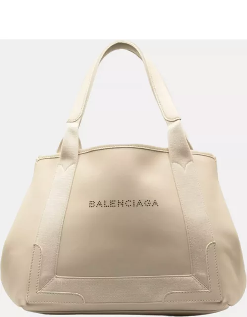 Balenciaga White Canvas and Leather Small Cabas Tote Bag