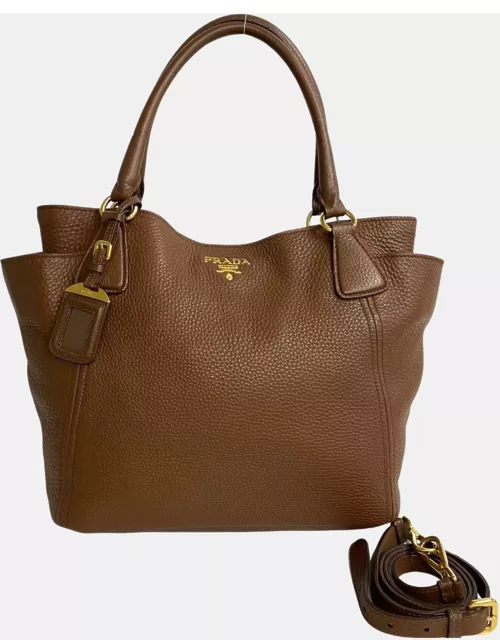 Prada Brown Leather Vitello Danio Side Pocket Shopping Tote Bag