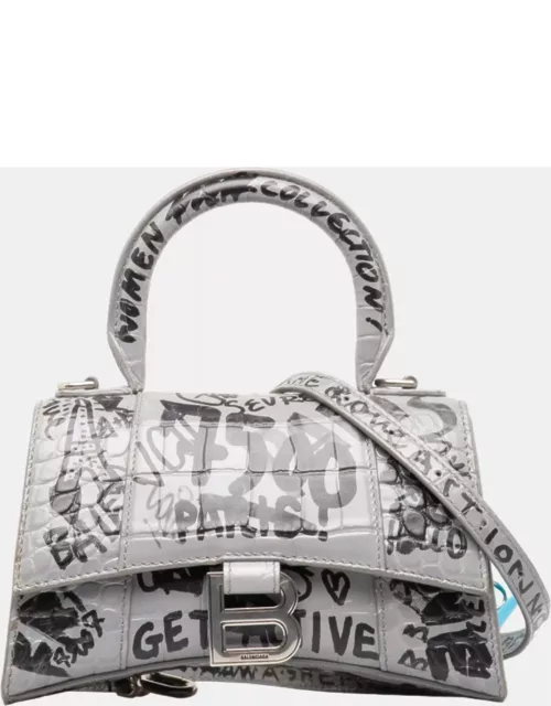 Balenciaga Grey Croc Embossed Leather Graffiti XS Hourglass Top Handle Bag