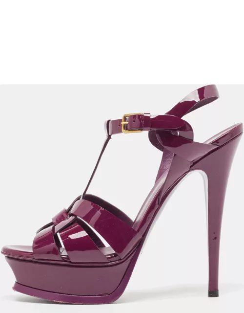Yves Saint Laurent Burgundy Patent Leather Tribute Platform Ankle Strap Sandal