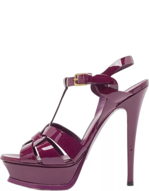 Yves Saint Laurent Burgundy Patent Leather Tribute Platform Ankle Strap Sandal