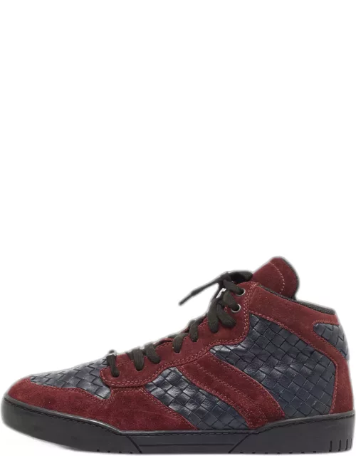 Bottega Veneta Burgundy/Navy Blue Suede and Intrecciato Leather High Top Sneaker
