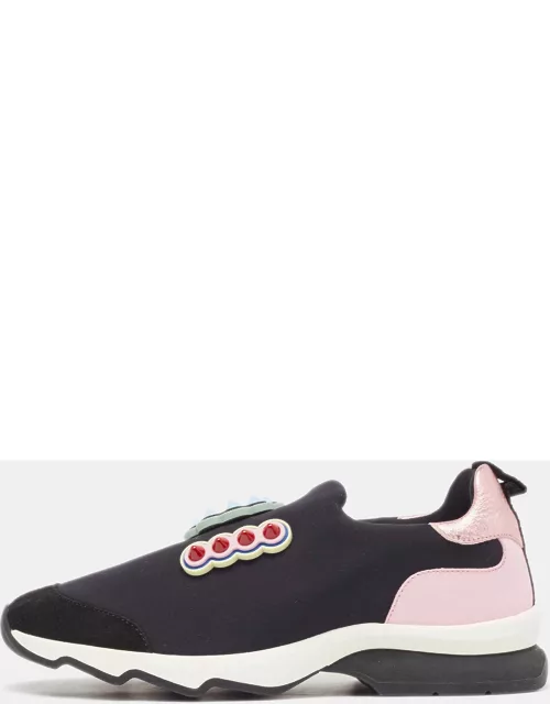 Fendi Black/Pink Fabric And Suede Fun Fair Logo Slip On Sneaker