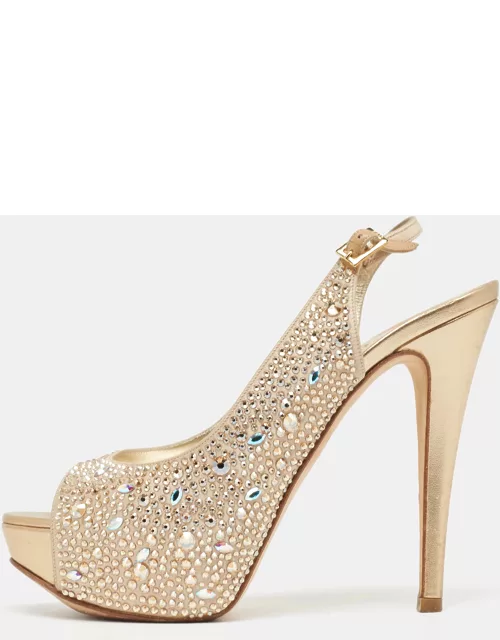 Gina Gold Crystal Embellished Satin Platform Peep Toe Slingback Sandal
