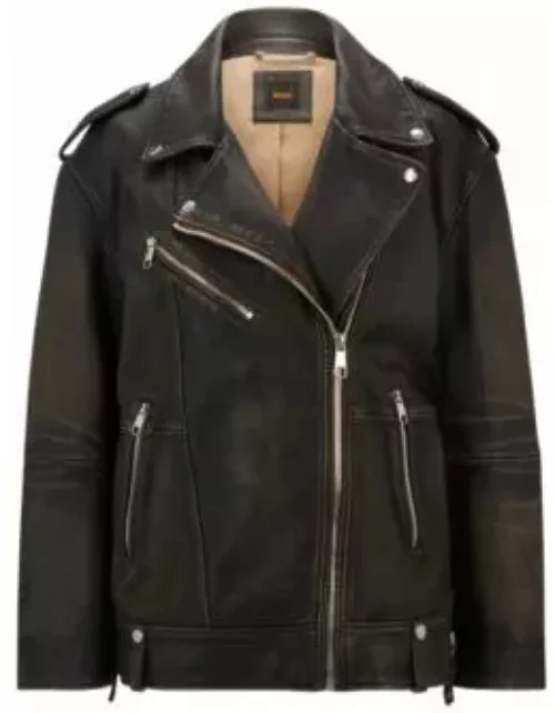 Zip-up leather jacket with signature lining- Brown Women's Leather Jacket