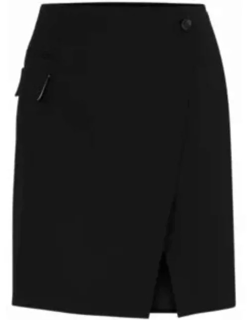 Wrap-front skirt in virgin wool with pocket detail- Black Women's Casual Skirt