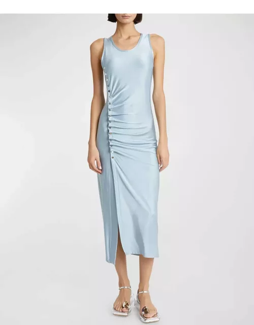 Ruched Midi Dress with Button Detai