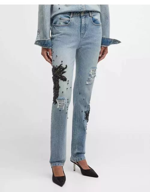 Clay Mid-Rise Crystal-Embellished Distressed Slim-Leg Jean