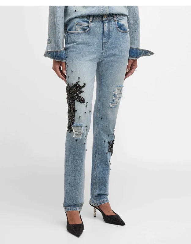 Clay Mid-Rise Crystal-Embellished Distressed Slim-Leg Jean