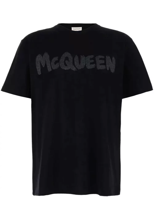 Alexander McQueen Black T-shirt With Glitter Logo Print In Cotton Man