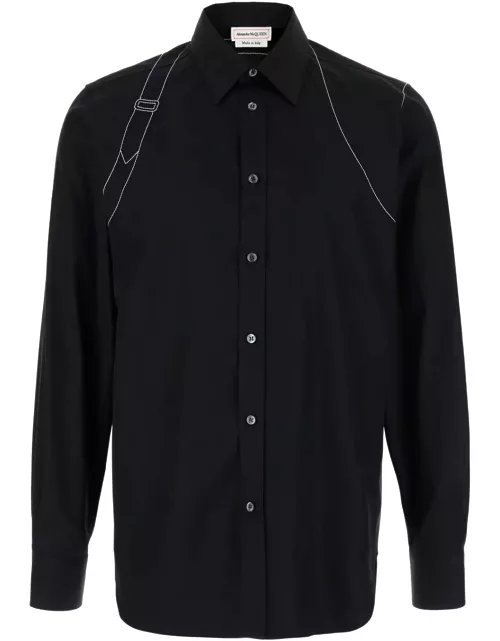 Alexander McQueen Black Shirt With White Stitchings In Cotton Man