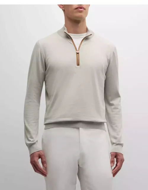 Men's Quarter-Zip Cotton Sweater With Suede Tri