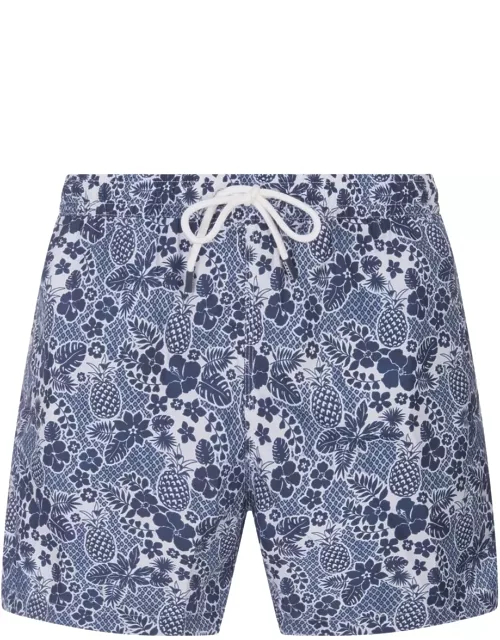 Fedeli Dark Blue Swim Shorts With Tropical Pattern