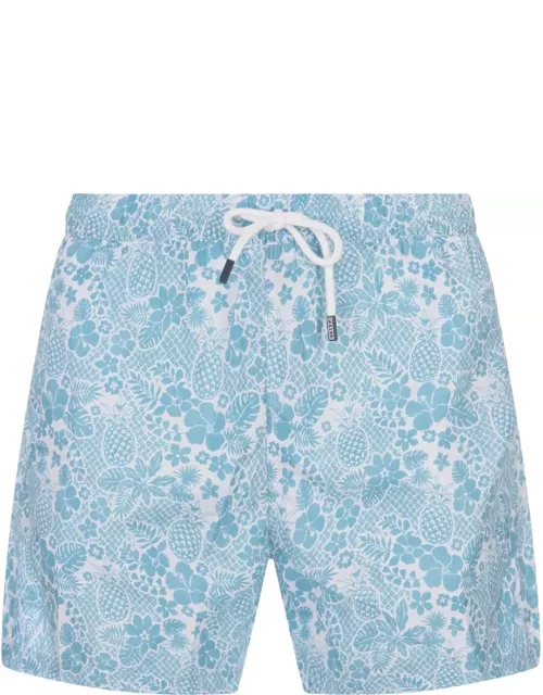 Fedeli Sky Blue Swim Shorts With Tropical Pattern