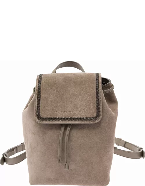 Brunello Cucinelli Beige Backpack With Engraved Logo And Monile Detail In Suede Woman