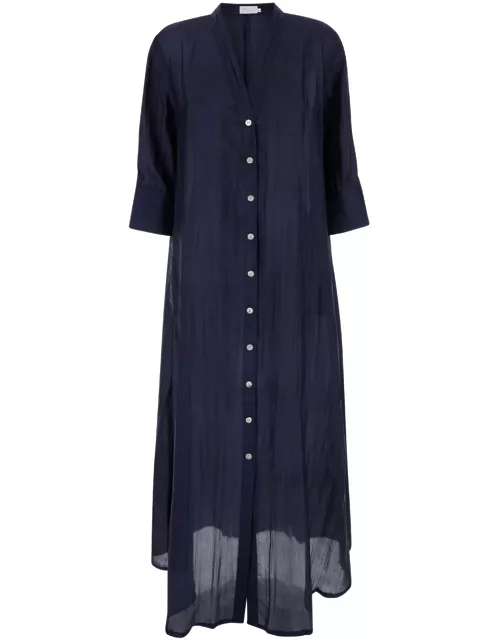 The Rose Ibiza Long Blue Dress With Mother-of-pearl Buttons In Silk Woman