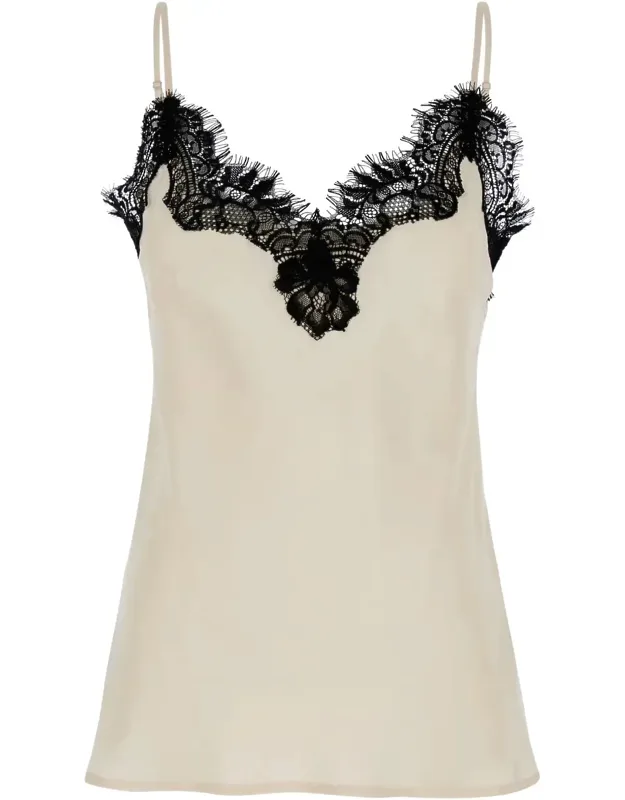 Gold Hawk coco Pearl White Camie Top With Black Lace Trim In Silk Woman