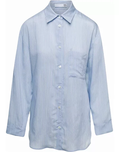 Douuod Light Blue Long-sleeve Striped Shirt In Viscose And Silk Woman