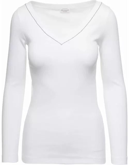Brunello Cucinelli V-neck Pullover With Beads Detailing In Stretch Cotton