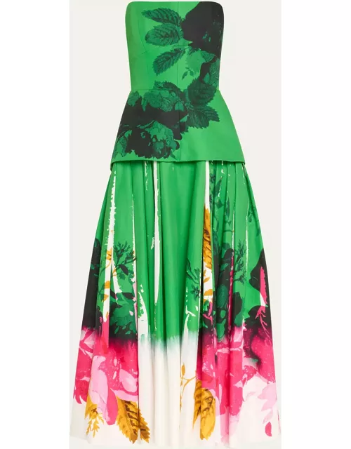 Floral-Print Strapless Corset Full-Skirt Midi Cocktail Dres