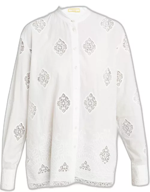 Lace-Embroidered Long-Sleeve Open-Back Shirt