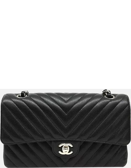 Chanel Black Caviar Chevron Quilted Medium Double Flap Bag