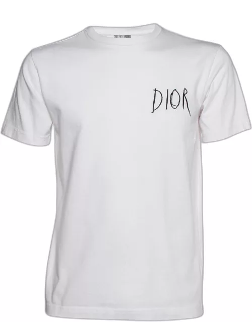 Dior Homme White Logo Embroidered Cotton Crew Neck T-Shirt