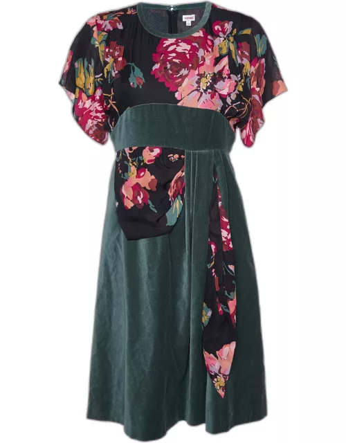 Kenzo Green Floral Print Silk & Velvet Knee-Length Dress