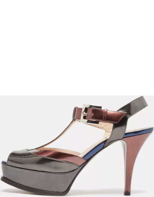 Fendi Tricolor Metallic Leather Platform T-Bar Ankle Strap Sandal