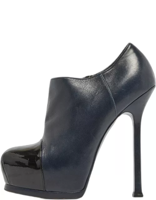 Yves Saint Laurent Navy Blue/Black Leather and Patent Leather Tribute Platform Ankle Bootie