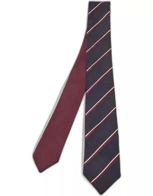 Valentino Navy Blue/Burgundy Striped Silk Reversible Skinny Tie