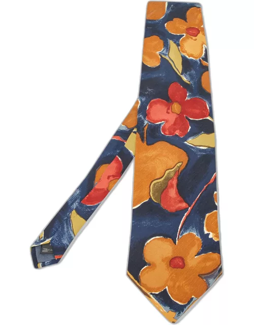 Ermenegildo Zegna Navy Blue Floral Paint Print Silk Traditional Tie