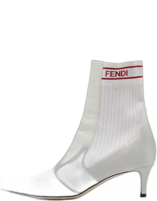 Fendi White Leather and Knit Fabric Kitten Heel Sock Boot