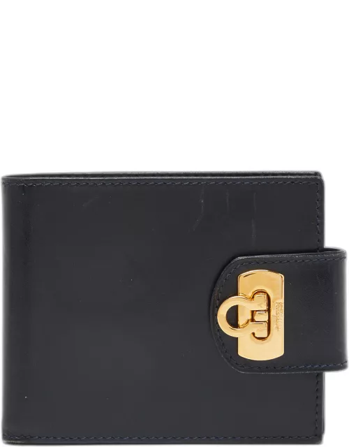 Salvatore Ferragamo Dark Blue Leather Gancini Flap Compact Wallet