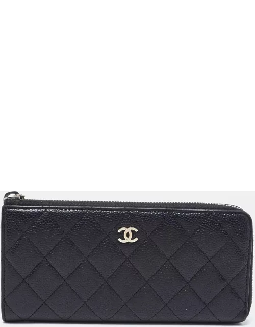 Chanel Black Quilted Caviar Leather Zip Around Wallet
