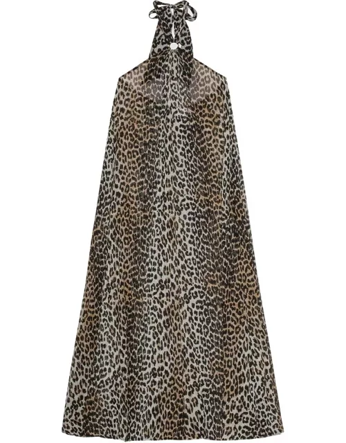 GANNI Printed Light Chiffon Halterneck Long Dress - Leopard