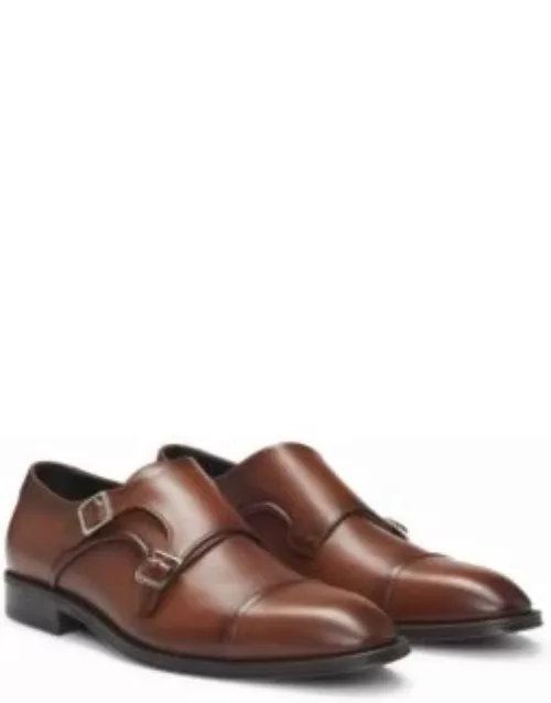 Cap-toe double monk shoes in leather- Brown Men's Business Shoe