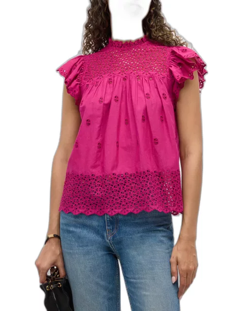 Kassi Ruffle-Sleeve Embroidered Cotton Top