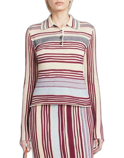 Long-Sleeve Stripe Linen Rib Polo Sweater