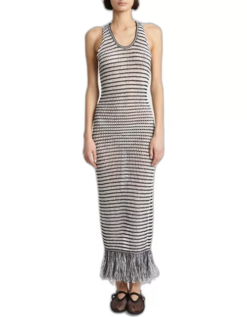 Striped Crochet-Knit Sleeveless Maxi Dress With Fringe He