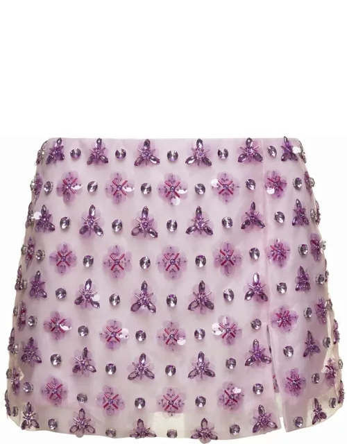 Des Phemmes Pink Geometric Mini Skirt With Crystal Embellishment In Organza Woman