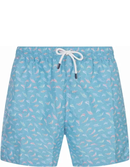 Fedeli Light Blue Swim Shorts With Multicolour Dolphin Pattern