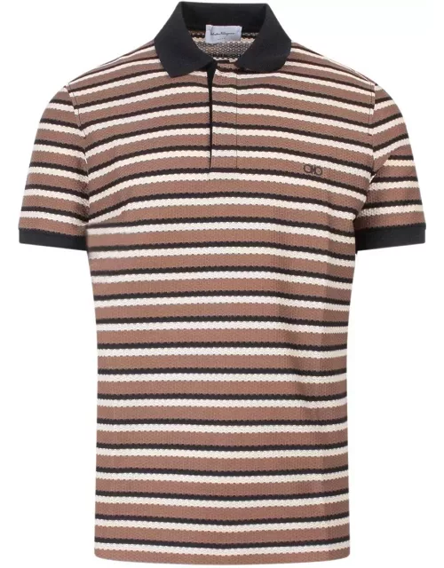Ferragamo Striped Logo Embroidered Polo Shirt