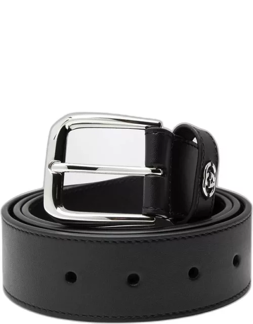 Black leather belt with GG crossover detai