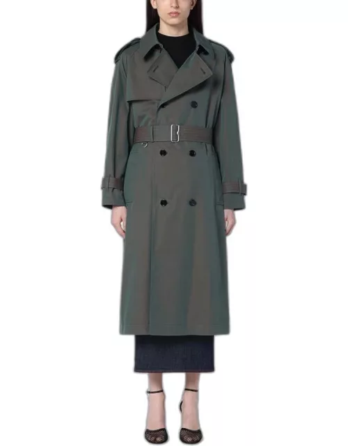 Long double-breasted antique green cotton trench coat